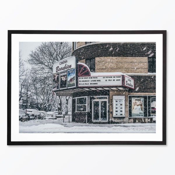 Winter Wonderland Montreal Beaubien Cinema Photo Print, Snowstorm Urban Scene, Vintage-Inspired Wall Art, Canadian Cityscape Decor