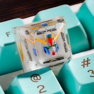 May include: A clear resin keycap with a colorful anime character design, sitting on a teal keyboard with keys labeled "F", "@2", "#3", and "$".