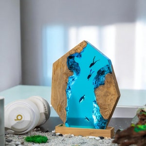 Night Light scuba diver ocean,Turtle lamp resin,epoxy resin wood,custom resin epoxy lamp, blue ocean lamp,Turtle epoxy lamp,christmas gift