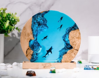 Night light scuba diver,shark lamp resin,lamp epoxy resin ocean,epoxy resin lampBlue ocean lamp, custom resin lamp,Handmade gift, Baby gift
