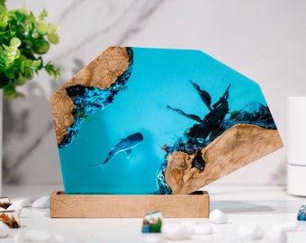 Night Light scuba diver ocean, Whale shark lamp resin, epoxy resin wood, custom resin epoxy lamp, blue ocean lamp, shark resin lamp