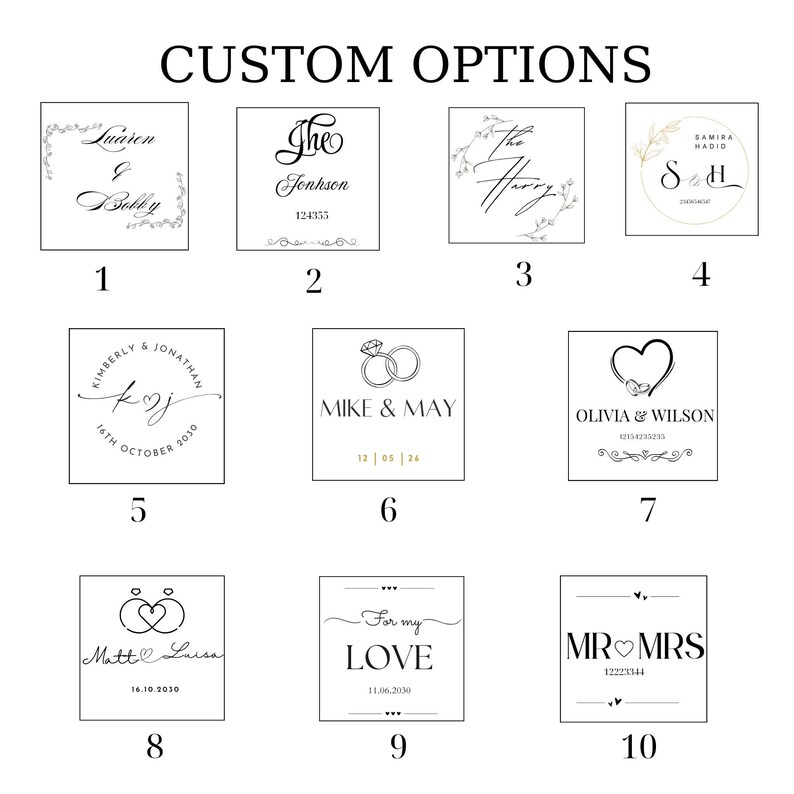 Pode incluir: Uma cole&ccedil;&atilde;o de dez designs quadrados com op&ccedil;&otilde;es de texto personalizadas. Cada design apresenta fontes elegantes e elementos decorativos, adequados para presentes personalizados ou an&uacute;ncios. O texto inclui nomes, datas e frases como "For my LOVE."