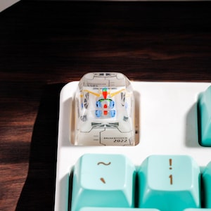 May include: A clear plastic keycap with a white and blue design and the text "DEACTIVATED IN 2022". The keycap is on a white keyboard with turquoise keys labeled "F1", "~", "!", and "@".