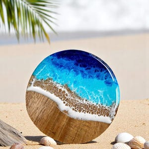 May include: A round wooden coaster with a resin ocean design. The coaster features a gradient of blues and white, mimicking ocean waves, and a wooden base. Seashells and sand surround the coaster, creating a beach theme.