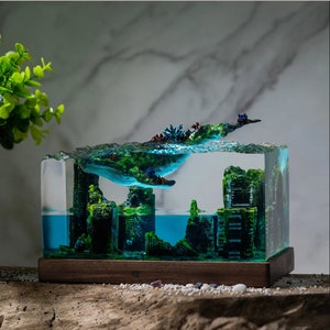 Night Light scuba diver ocean, Whale lamp resin, city epoxy lamp, epoxy resin wood, custom resin epoxy lamp, blue ocean lamp.table lamp wood