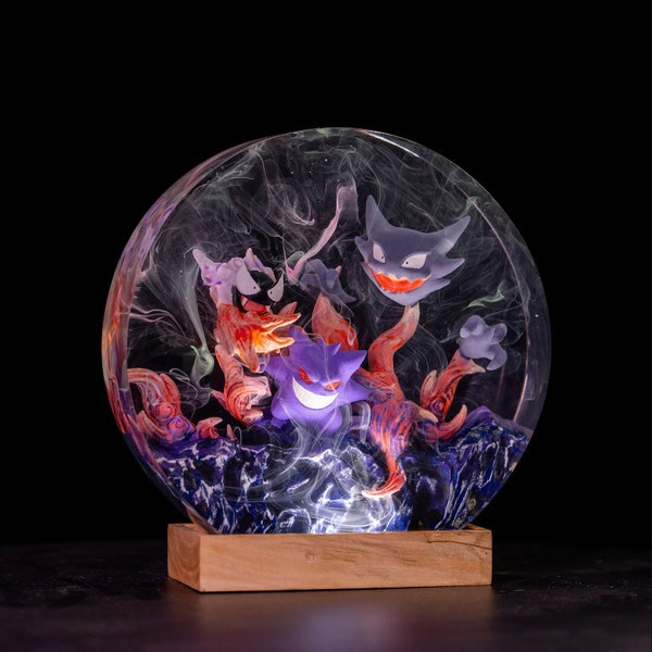 MISCHIEVOUS GENGAR Round Resin Lamp, Custom Wood Resin Pokemon, Resin Art Decor Lamp, Custom Resin Wood Lamp for Halloween Decor