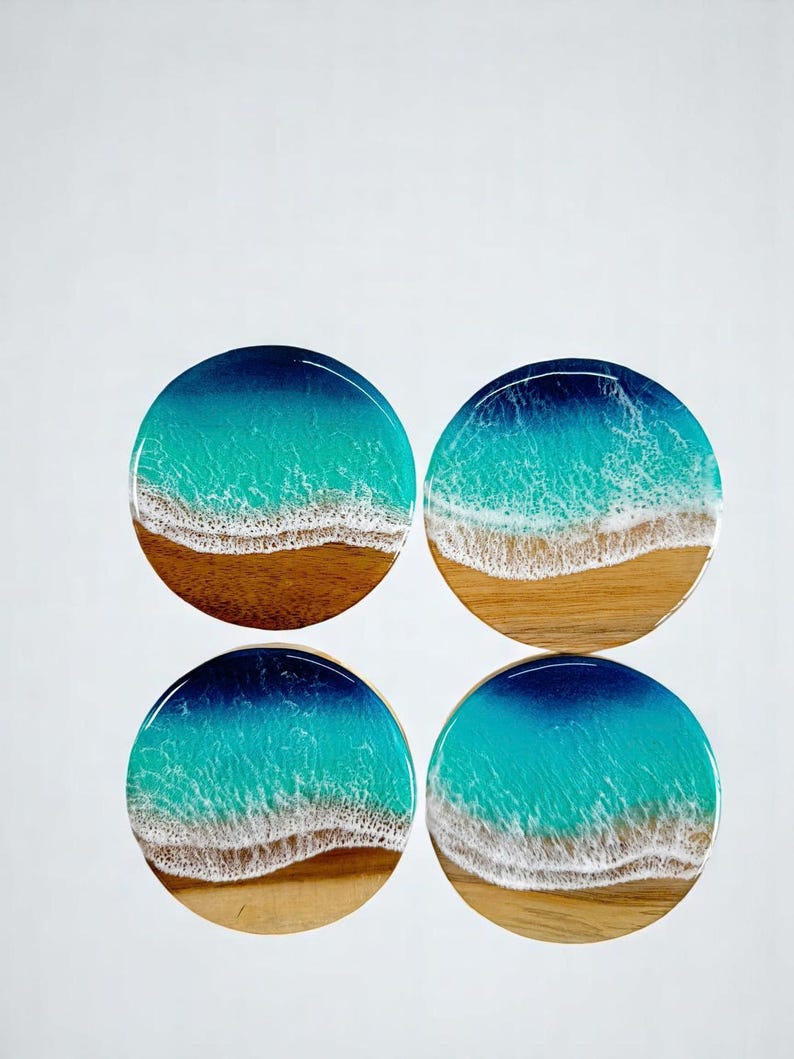Wave Patterned Coaster Ocean Wave Resin Wood Coasters – Handmade Epoxy Beach Drink Coaster Set ...