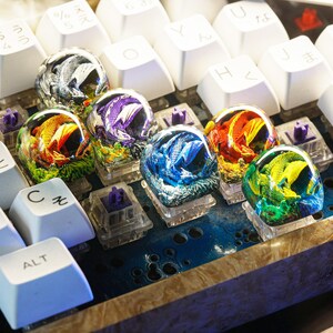May include: Six colorful keycaps with dragon and fish designs. The keycaps are made of clear resin with a variety of colors and patterns. The keycaps are arranged in a row on a keyboard.