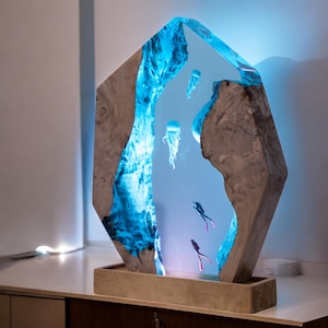 Night Light scuba diver ocean,jellyfish lamp resin,epoxy resin wood,custom resin epoxy lamp, blue ocean lamp,shark epoxy lamp,christmas gift