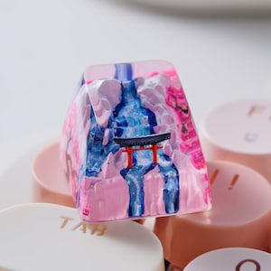 May include: A custom keycap with a mountain and waterfall design. The keycap is pink, blue, and white, with a red torii gate. The word "TAB" is visible on a nearby keycap.