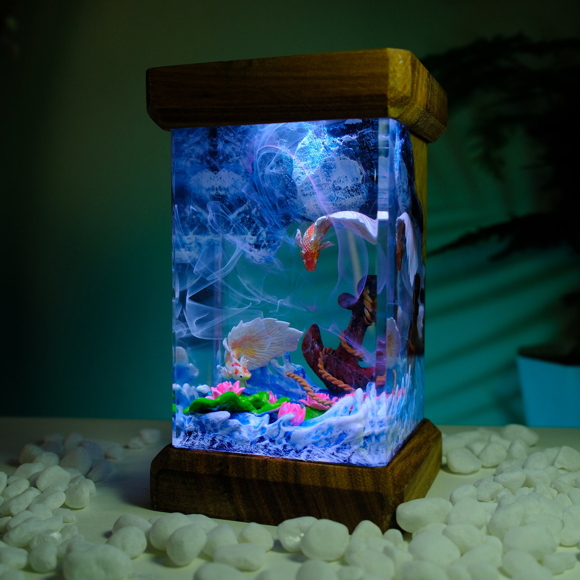 Lamp custom resin,Anchor Koi Fish lamp resin, epoxy resin lamp, night light wood, custom resin lamp,birthday gift wood, Personalized gift