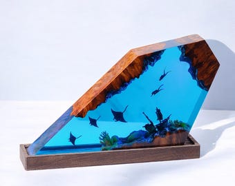 Lamp scuba diver ocean,Ray lamp resin, epoxy resin wood,blue ocean lamp,table lamp wood,whale epoxy lamp,personalized gift,handmade gift