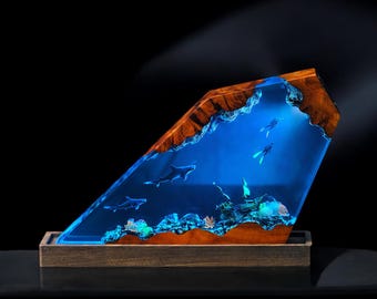 Lamp scuba diver ocean,shark lamp resin, epoxy resin wood,blue ocean lamp,table lamp wood,whale epoxy lamp,personalized gift,handmade gift
