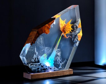 Lamp custom resin,Lamp dragon resin epoxy,epoxy resin lamp,night light wood,white red resin epoxy,christmas gift,home decor,gift for him