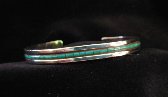 Southwestern Turquoise Inlay Silver Cuff Bracelet - image 1