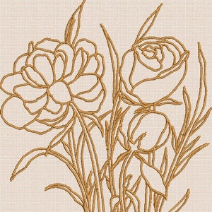 May include: Embroidered floral design featuring two large peony-like flowers and several rose buds with stems and leaves. The embroidery is in a golden-brown color on a cream-colored fabric background.
