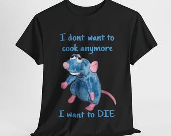 Camiseta vintage Remy Rat No quiero cocinar más Quiero morir, camiseta con meme de rata, camiseta con meme de depresión, camiseta con meme de salud mental