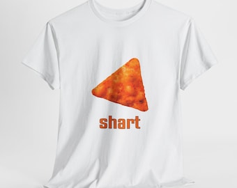 May include: White t-shirt featuring a large, orange, triangular graphic resembling a snack food. Below the graphic, the word "shart" is printed in orange block letters. The shirt is made of a soft, lightweight fabric.