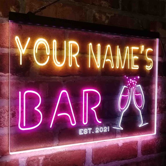 Bar à bière de champagne personnalisé Enseigne lumineuse au néon LED  tricolore, un décor dart gravé 3D unique Personnaliser le nom Date TextFont  st9-w-tm-3 -  France