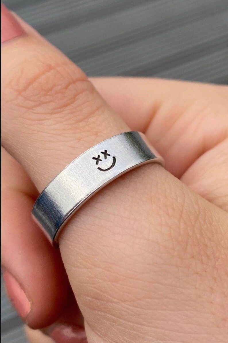 louis , LT, tommo, xx smiley, iconic smiley face, personalised, direction, walls, marshmello, 6mm silver aluminium wire metal stamp ring 