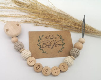 Schnullerkette mit Namen Junge personalisiert in beige Natur | Babygeschenk zur Geburt