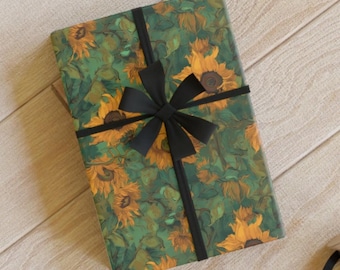 Papel de regalo de girasol: papel de regalo ecológico de lujo inspirado en Van Gogh, papel de regalo reciclable verde y amarillo para cumpleaños de amantes del arte.