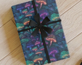 May include: Gift-wrapped package featuring a vibrant, patterned wrapping paper. The paper showcases a repeating design of colorful mushrooms in shades of teal, purple, and orange against a dark blue background. A black ribbon and bow secure the package.