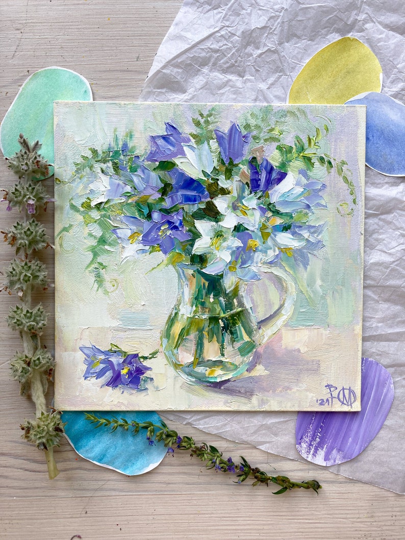 Original flower oil painting. White flowers in glass vase. Etsy