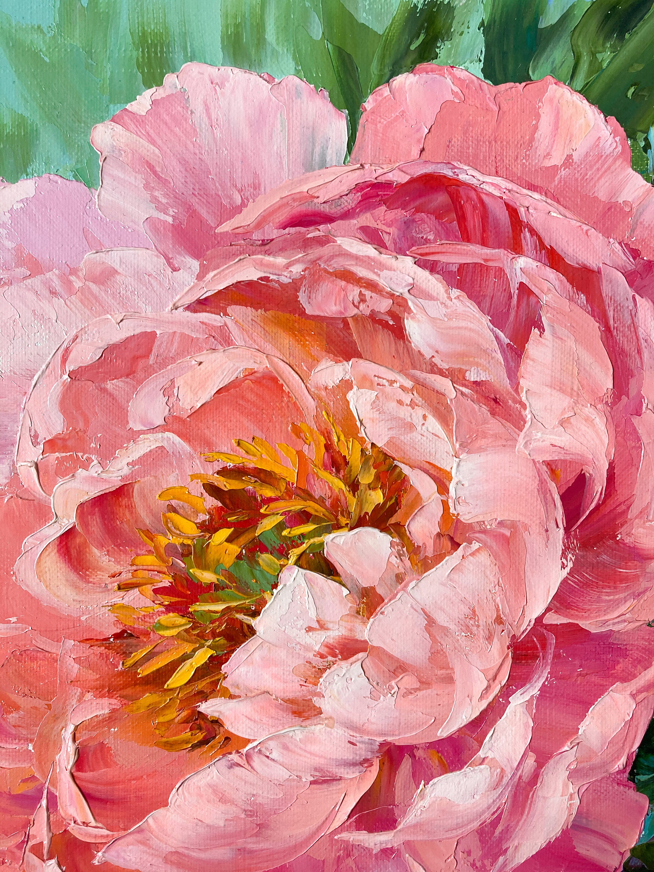 Original oil pink peony painting .Stretched board.Floral wall Etsy