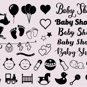 May include: Black and white baby shower clipart set featuring a stork, baby feet, balloons, hearts, stars, bibs, a rattle, a rocking horse, a crib, a baby bottle, a baby carriage, and the text "Baby Shower".