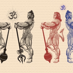 May include: Three illustrations of a muscular monkey-like figure holding a weapon. The figure is depicted in three different colour schemes: black and white, red, and blue. The figure is holding a weapon with a round ball on one end and a trident on the other. The background is a beige pattern.