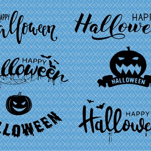 May include: Five different graphic designs featuring the text "Happy Halloween" in black on a blue background with a white geometric pattern. The designs include a pumpkin, bats, and spiderwebs.