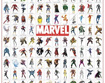 Universo Marvel, pôster tamanho A1 com 152 personagens de quadrinhos (59 cm de largura x 84 cm de altura). Arquivo PNG.