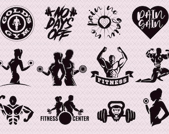 May include: A collection of black and white fitness-themed vector illustrations. The illustrations include a gym logo, a motivational quote, a heart with the words "pain no gain", a couple lifting weights, a bodybuilder with the word "fitness", a bodybuilder posing, a kettlebell with a barbell, a couple lifting weights with the words "fitness center", and a woman lifting weights.