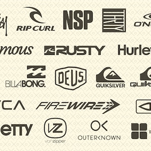 Puede incluir: Una colección de 18 logotipos en blanco y negro para marcas de surf y skate, incluyendo Rip Curl, NSP, O'Neill, Famous, Rusty, Hurley, Billabong, Deus, Quiksilver, RVCA, Firewire, Jetty, Von Zipper, Outerknown e Insight.