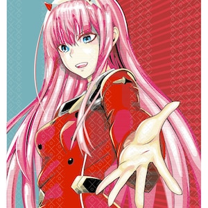 May include: A digital illustration of a pink-haired anime character with red eyes, wearing a red and white outfit. The character is reaching out with their right hand. The background is a red and blue pattern with the text "DARLING in the FRANXX" and "ZERO TWO" in black.