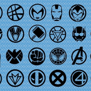 May include: A set of 20 black and white superhero logos in a circle. The logos include Black Widow, Iron Man, Captain America, Thor, Hulk, Spider-Man, Hawkeye, and more.