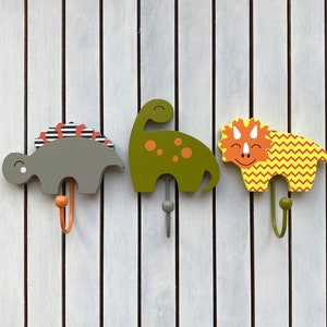 TinkieToys Wooden DINOSAUR COAT HOOKS Set of 3 Wall decor for Kids bedroom Boys nursery Playroom Decals Stegosaurus Brontosaurus Triceratops