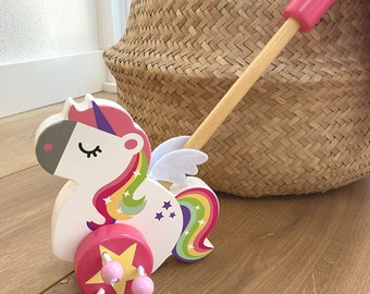 TinkieToys FSC Jouet en bois Licorne arc-en-ciel PUSH ALONG Trotteur pastel écologique pour les tout-petits de 18 mois Filles 1 2 3 ans cadeau