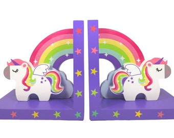 TinkieToys Wooden RAINBOW UNICORN BOOKENDS Kids bookcase Bookshelf tidy Room decor for Girls bedroom Pink Nursery or Childrens Playroom Star