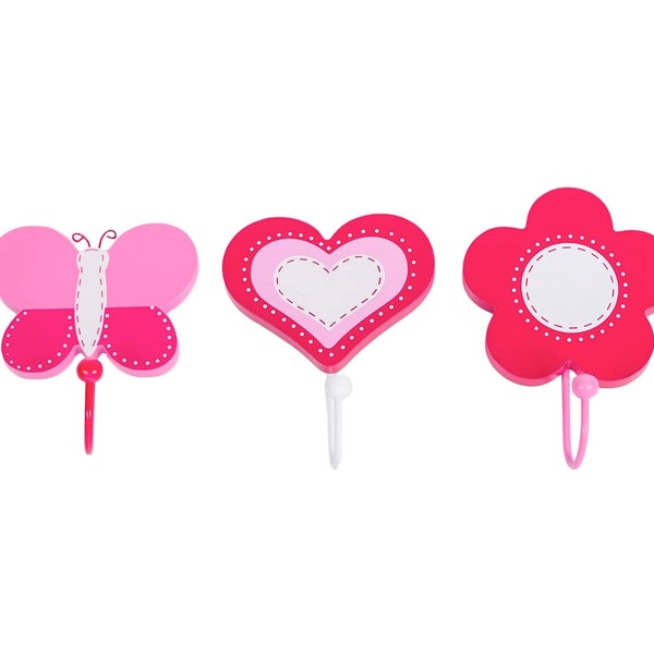 TinkieToys Wooden BUTTERFLY COAT HOOKS Set of 3 Wall Decor for Kids bedroom Girls nursery or Childrens playroom Decals Pink Bug Flower Heart