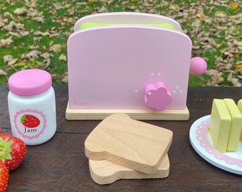 TinkieToys Wooden Toy POP UP TOASTER Kids play food Tea Set Montessori Pretend kitchen Pink Gift for Toddler Girls Children 3 4 5 years old