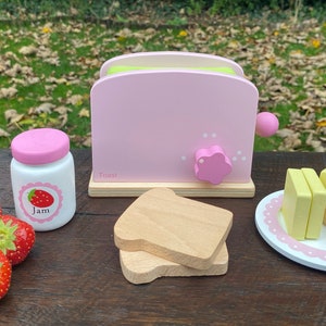 TinkieToys Wooden Toy POP UP TOASTER Kids play food Tea Set Montessori Pretend kitchen Pink Gift for Toddler Girls Children 3 4 5 years old