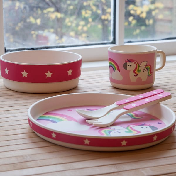 TinkieToys Kids Rainbow UNICORN DINNER SET Eco Bamboo Kids Dinnerware Set Shooting Star Cloud Decor Plate Bowl Weaning cup Toddler cutlery