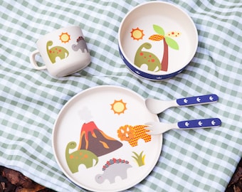 TinkieToys Kids ECO DINOSAUR Dinner Set Bamboo Natural Dinnerware Animal Decals Plate Bowl Weaning cup Toddler cutlery Baby boy girl gift