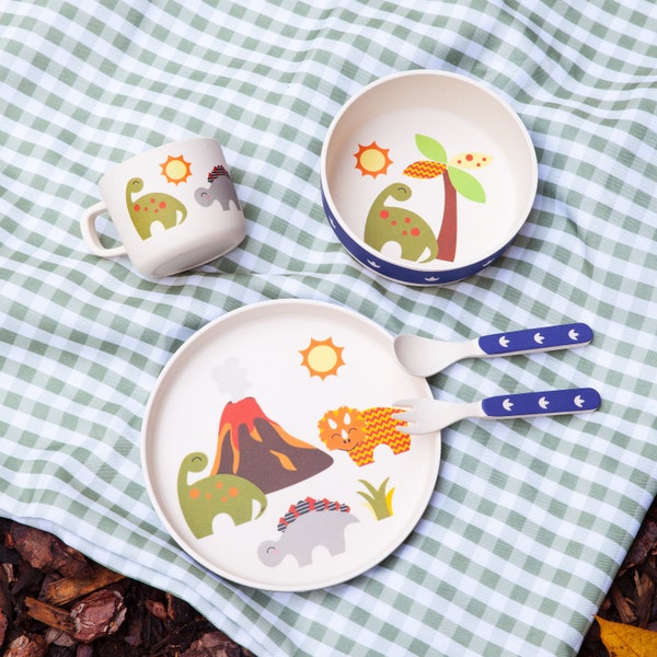 TinkieToys Kids ECO DINOSAUR Dinner Set Bamboo Natural Dinnerware Animal Decals Plate Bowl Weaning cup Toddler cutlery Baby boy girl gift