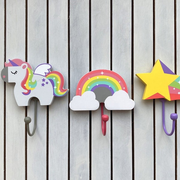 TinkieToys Wooden UNICORN COAT HOOKS Set of 3 Wall decor for Kids bedroom Girls nursery or Childrens playroom Horse Rainbow Shooting Star