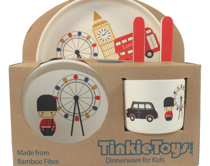 TinkieToys Kids ECO BAMBOO LONDON Dinner set Natural Toddler Dinnerware London Eye Bus Taxi Guard Big Ben Plate Bowl Weaning cup Cutlery