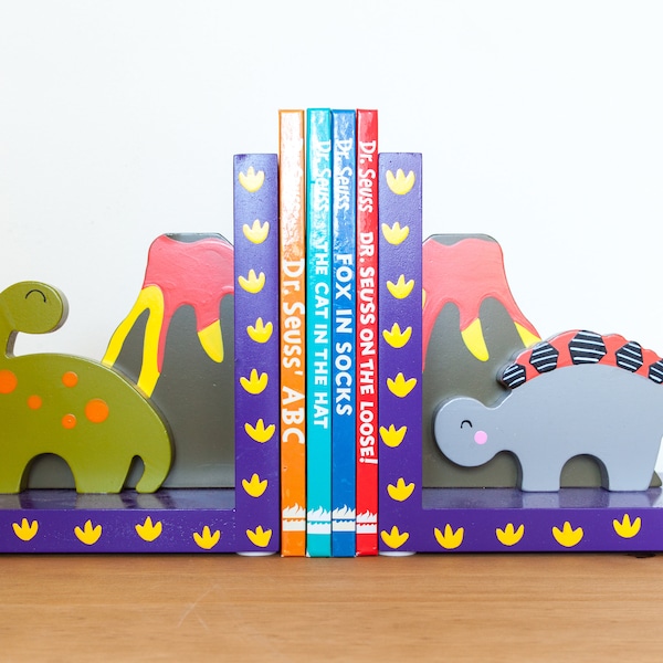 TinkieToys Kids Wooden DINOSAUR BOOKENDS Room Decor Bookshelf tidy for Baby nursery Boys bedroom Childrens gift Brontosaurus Stegosaurus