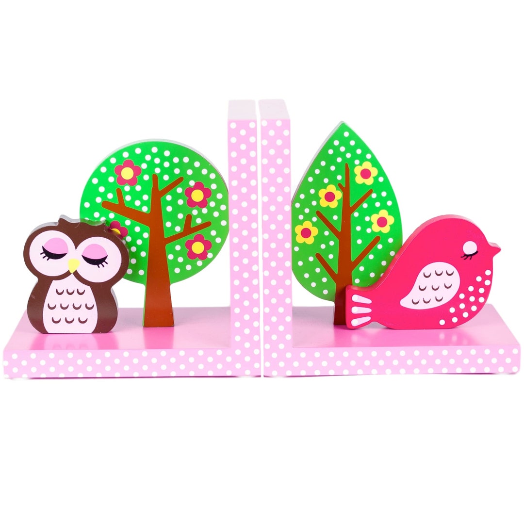 Tinkietoys Kids WOODEN OWL & Bird BOOKENDS Pastel Gift Woodland Animals